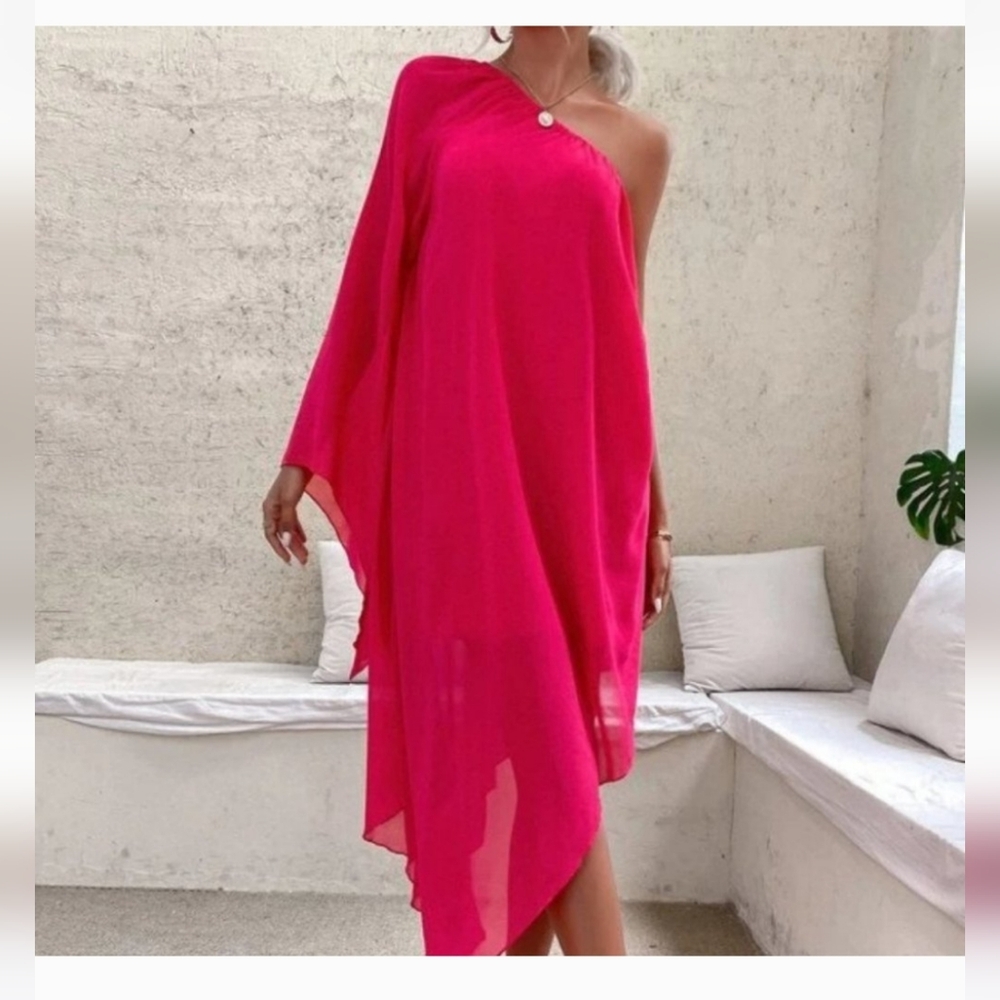One Shoulder Flowing Pink Batwing Dress
